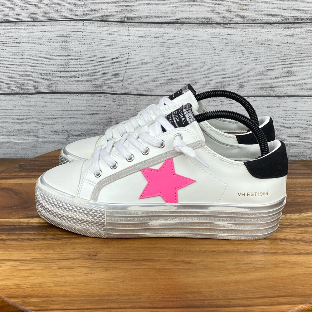 Vintage Havana White Platform Sneakers with Pink Star and Black Heel Tab